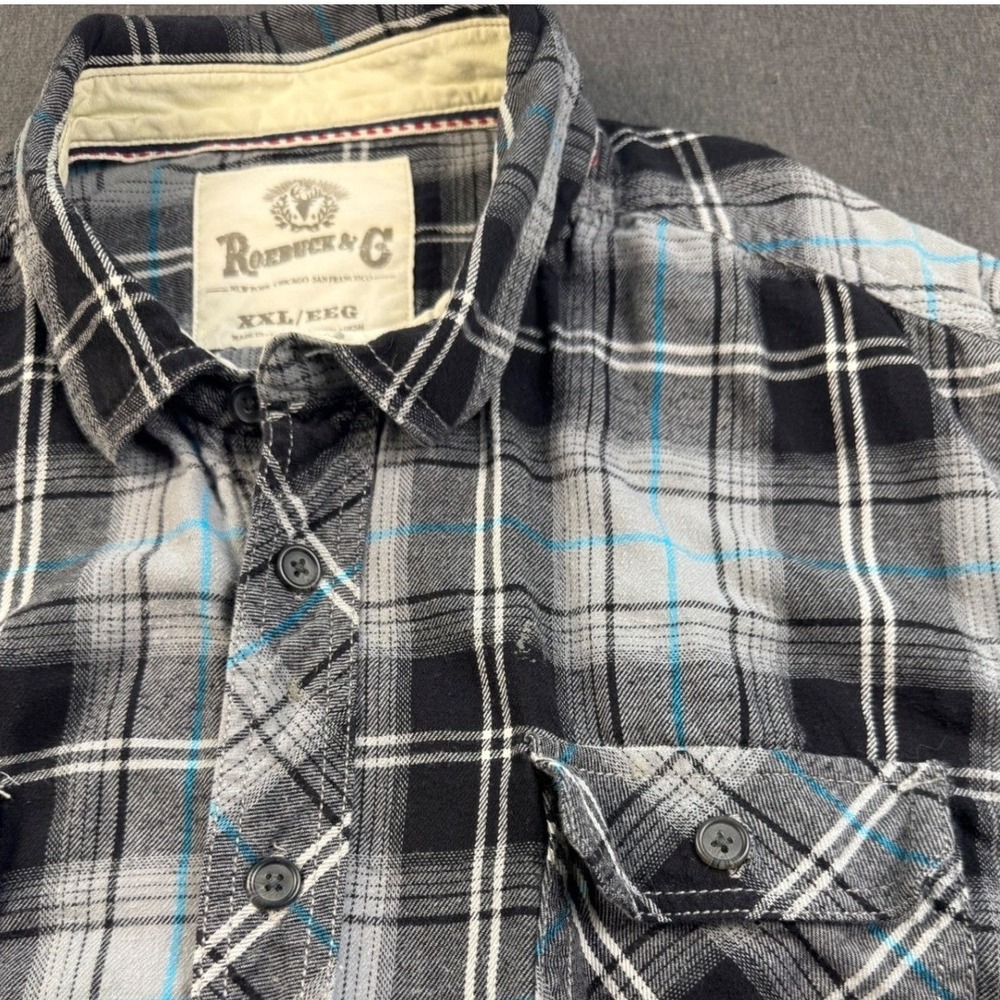 Roebuck & Co. XXL Flannel Shirt Plaid Button‎ Up Long Sleeve Black Gray Mens